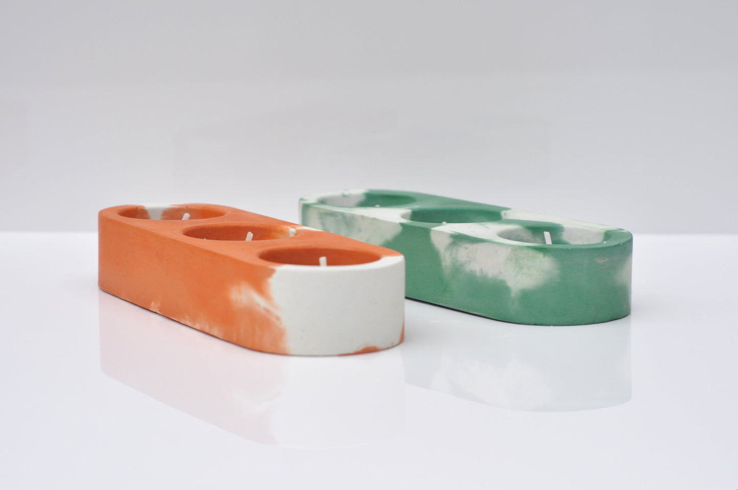 HANDMADE TRIPLE CONCRETE CANDLE HOLDER - ORANGE AND WHITE