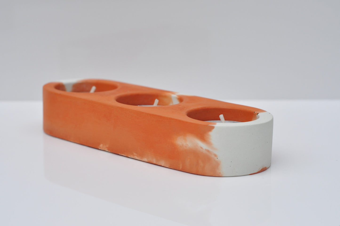 HANDMADE TRIPLE CONCRETE CANDLE HOLDER - ORANGE AND WHITE