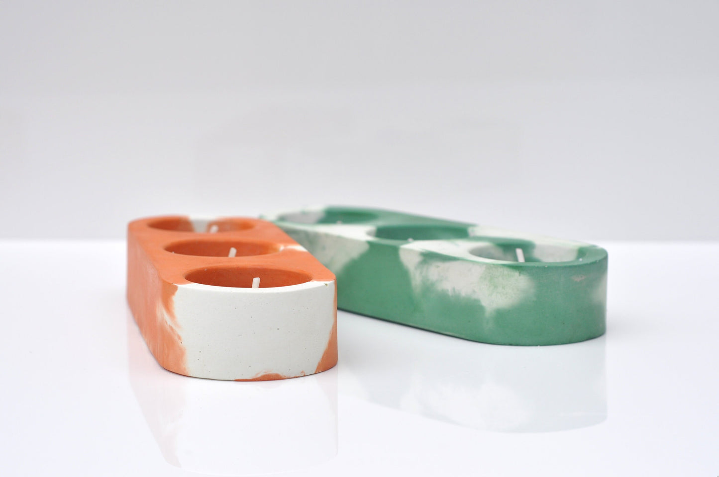 HANDMADE TRIPLE CONCRETE CANDLE HOLDER - ORANGE AND WHITE