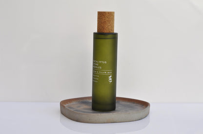 Green bottle with cork cap on a concrete coaster against a white background