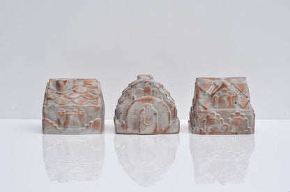 3 Concrete Houses Handmade Paper Weight Ornaments