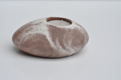 HANDMADE CONCRETE PEBBLE TEALIGHT HOLDER -  BROWN AND WHITE